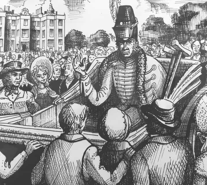 Black and white illustration of a uniformed man standing in a carriage, addressing a crowd of people in historical attire in front of a large building.
