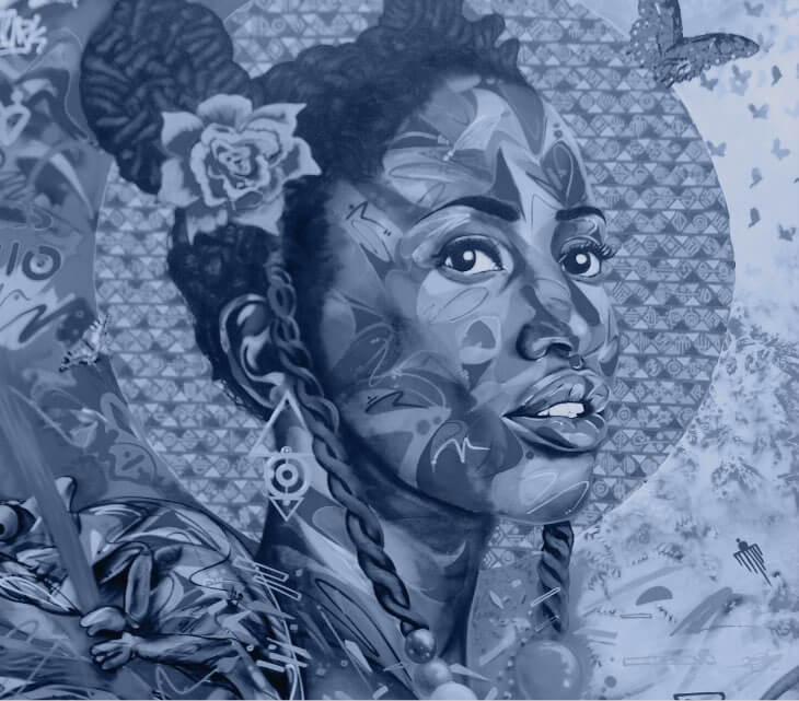 Colorful mural of a woman with braided hair, adorned with a flower, featuring intricate patterns and abstract elements in the background.